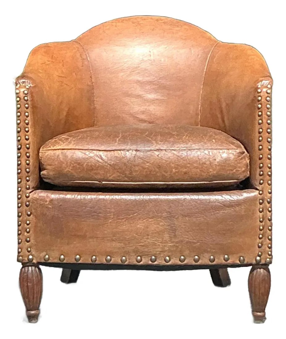 Vintage 1940s Boho Leather Barrel Chair with Patina (1 of 7)