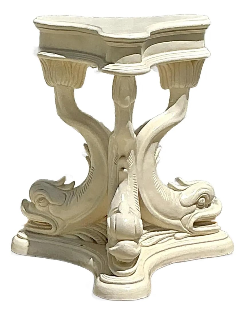 Vintage Regency Ivory Lacquered Dolphin Table Pedestal 27in Round 29in Tall: Vintage Regency Ivory Lacquered Dolphin Table Pedestal 27in Round 29in Tall Enhance your living space with the Vintage Regency Lacquered Dolphin Table Pedestal, a stunning piece that embodies coastal
