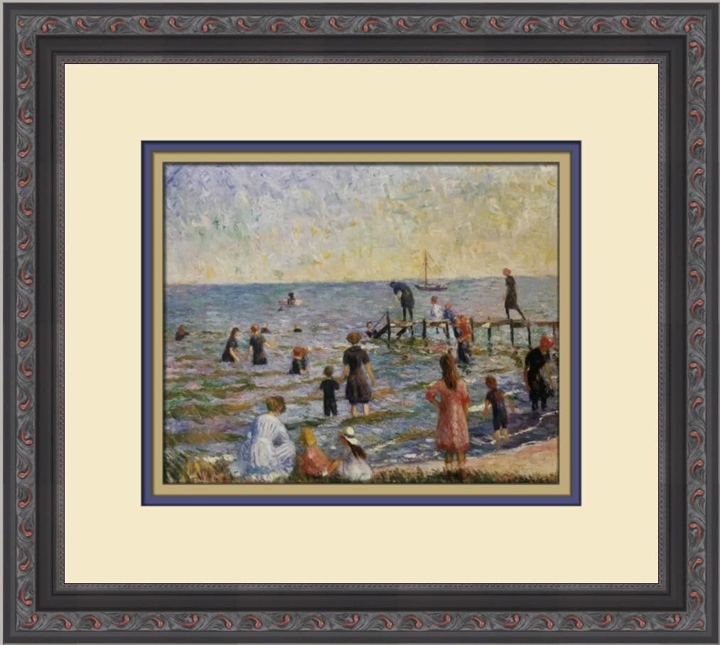 William Glackens Bathing at Bellport Custom Framed Open Edition Print: William Glackens Bathing at Bellport Custom Framed Open Edition Print This stunning custom framed print titled 'Bathing at Bellport' by artist William Glackens captures the serene beauty of Long Islan