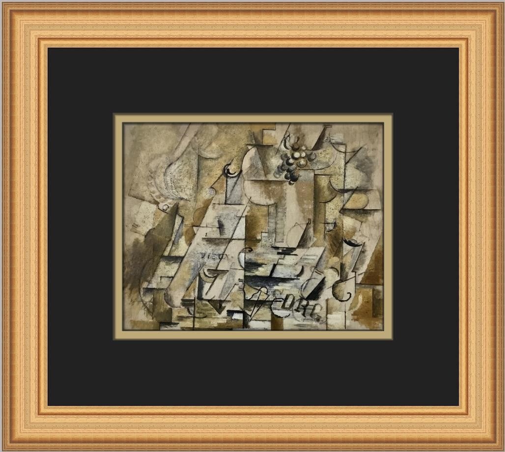 Georges Braque Cubist Print Bowl of Fruit Bottle and Glass Framed 11 x 13: Georges Braque Cubist Print Bowl of Fruit Bottle and Glass Framed 11 x 13 This exquisite custom framed print titled 'Bowl of Fruit Bottle and Glass' by renowned artist Georges Braque showcases a stunn