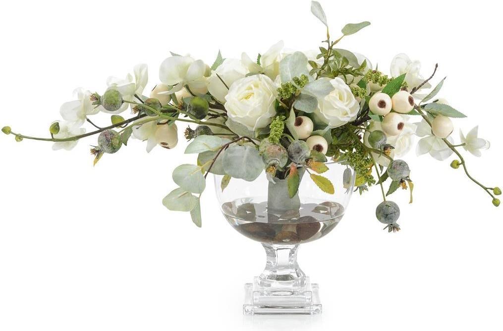 John-Richard Classic Floral Arrangement Pedestal Bowl with Berries and Roses: John-Richard Classic Floral Arrangement Pedestal Bowl with Berries and Roses Discover the beauty of this Classic Floral Arrangement presented in a clear pedestal bowl. This exquisite piece features a