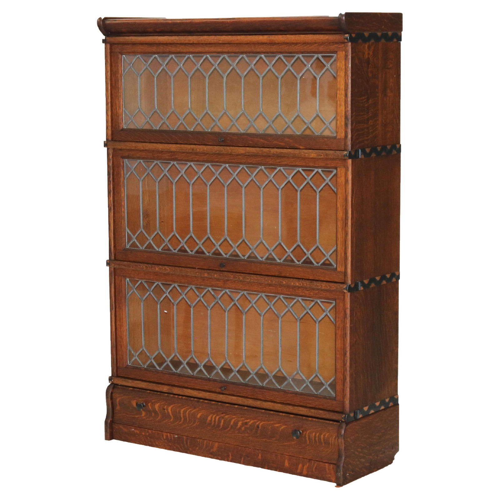 Macey Arts & Crafts Mission Oak Leaded Glass Barrister Bookcase c1920: Macey Arts & Crafts Mission Oak Leaded Glass Barrister Bookcase c1920 This Macey Arts & Crafts Mission Oak & Leaded Glass Barrister Bookcase, dating back to circa 1920, is a remarkable piece that embo