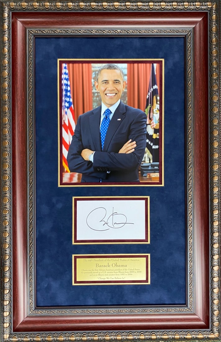 Barack Obama Signed Custom Framed Display with JSA LOA 19 x 30: Barack Obama Signed Custom Framed Display with JSA LOA 19 x 30 This stunning custom framed display features a large, authentic signature of President Barack Obama, showcasing his autograph in excellen