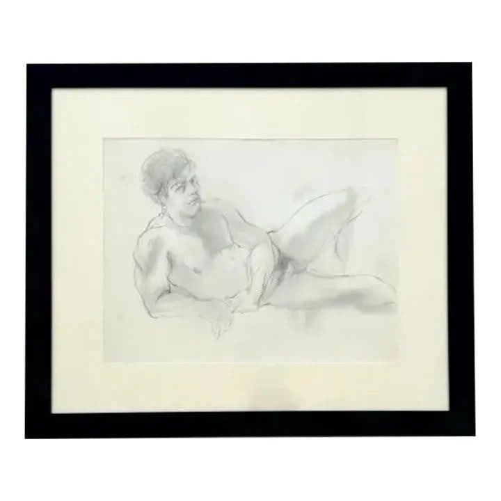 Vintage Boho Graphite Drawing Man Expressive Figure Art 34.75x29.25 (1 of 5)
