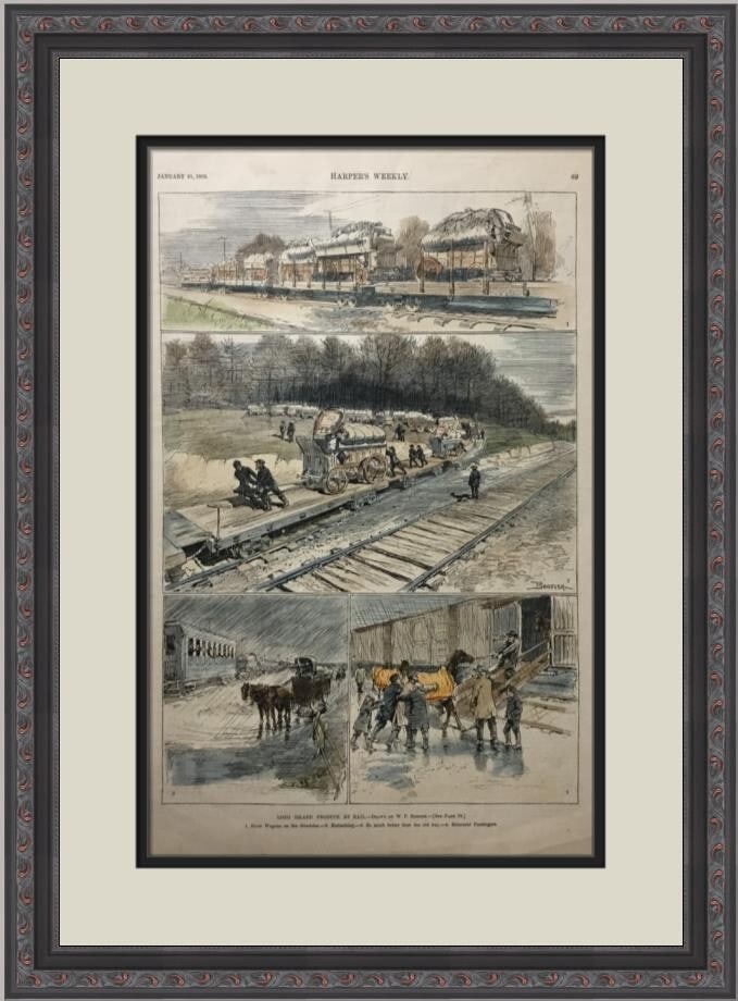 1885 Harper's Weekly Newspaper LIRR Freight Hand Colored Custom Framed: 1885 Harper's Weekly Newspaper LIRR Freight Hand Colored Custom Framed This original 1885 edition of Harper's Weekly features a hand-colored engraving of LIRR freight. The paper size measures 16" x 10