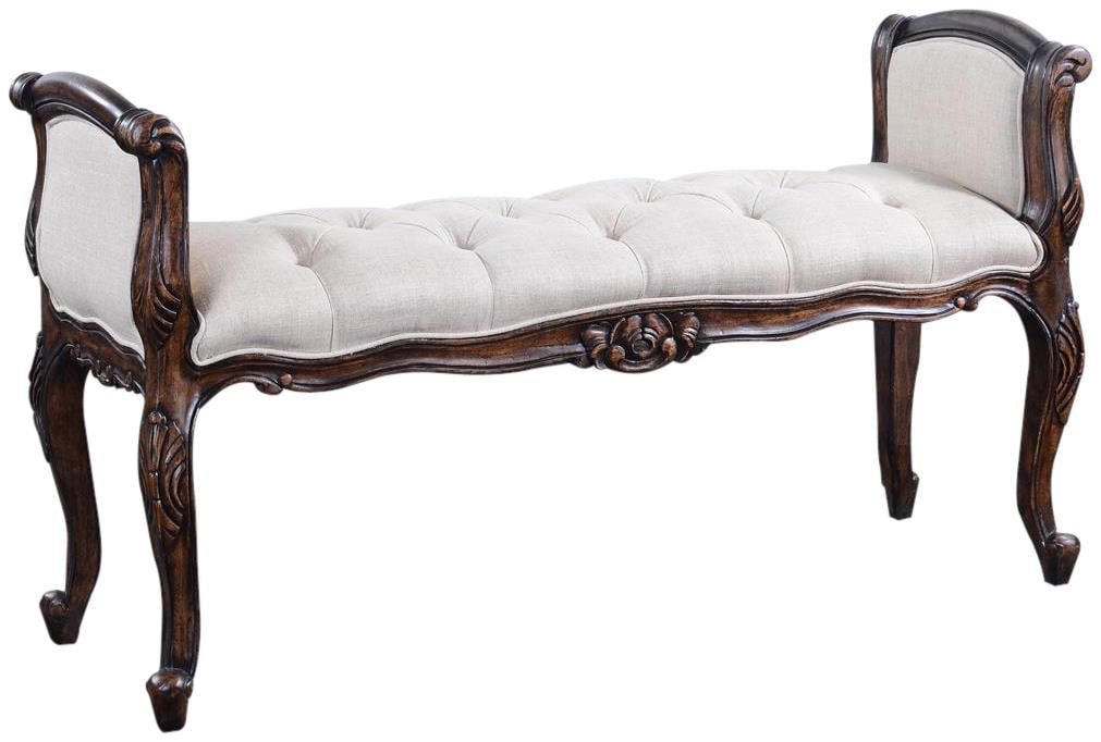 Elegant French Style Window Bench in Oatmeal Linen Upholstery: Elegant French Style Window Bench in Oatmeal Linen Upholstery Enhance your decor with this Classic French Bench, beautifully upholstered in oatmeal linen and finished in distressed walnut. This stylis