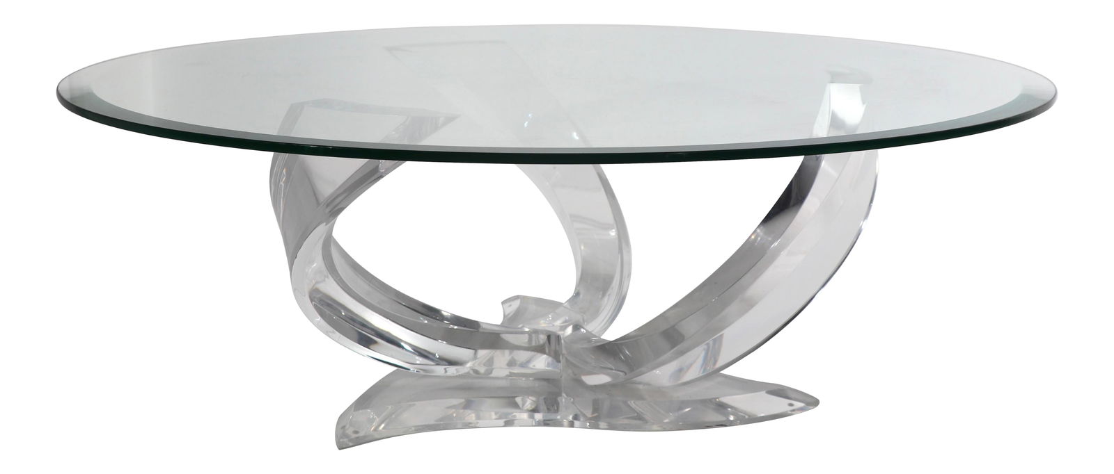 Glamorous Lucite Cyclone Coffee Table by Haziza 48x48: Glamorous Lucite Cyclone Coffee Table by Haziza 48x48 This stunning Lucite Cyclone Coffee Table by Haziza features a glamorous high-style design. The unique swirl or 'Cyclone' lucite base beautifully