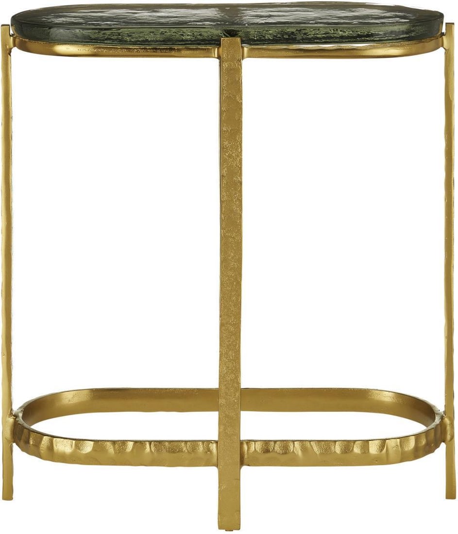 Currey Acea Gold Side Table Luxe Cast Glass 21H 10W 22.50D: Currey Acea Gold Side Table Luxe Cast Glass 21H 10W 22.50D Introducing the Acea Gold Side Table, a striking blend of luxe style and functionality. This elegant side table features a clear cast glass t