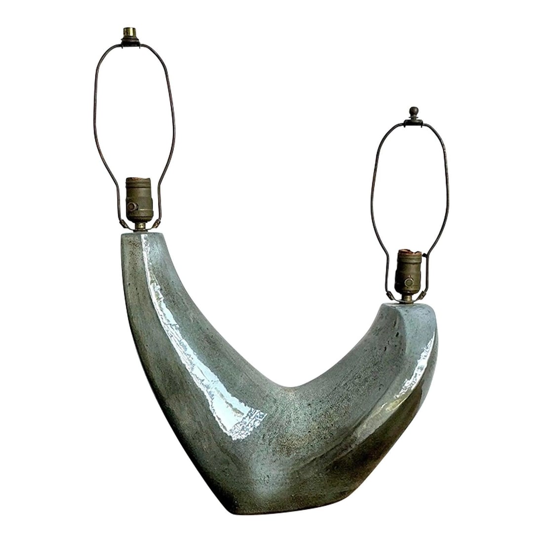 Mid-Century Modern Signed Ceramic Double Branch Table Lamp: Mid-Century Modern Signed Ceramic Double Branch Table Lamp This vintage table lamp is a stunning example of mid-century studio design, showcasing a striking "wishbone" or V-shaped silhouette. The cera