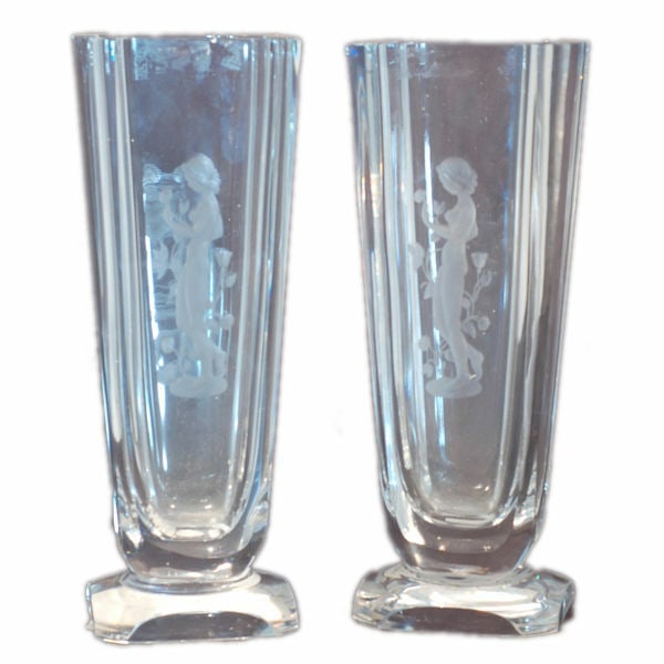 Art Deco Crystal Vases Signed Milera's MR B Swedan Pair (1 of 1)