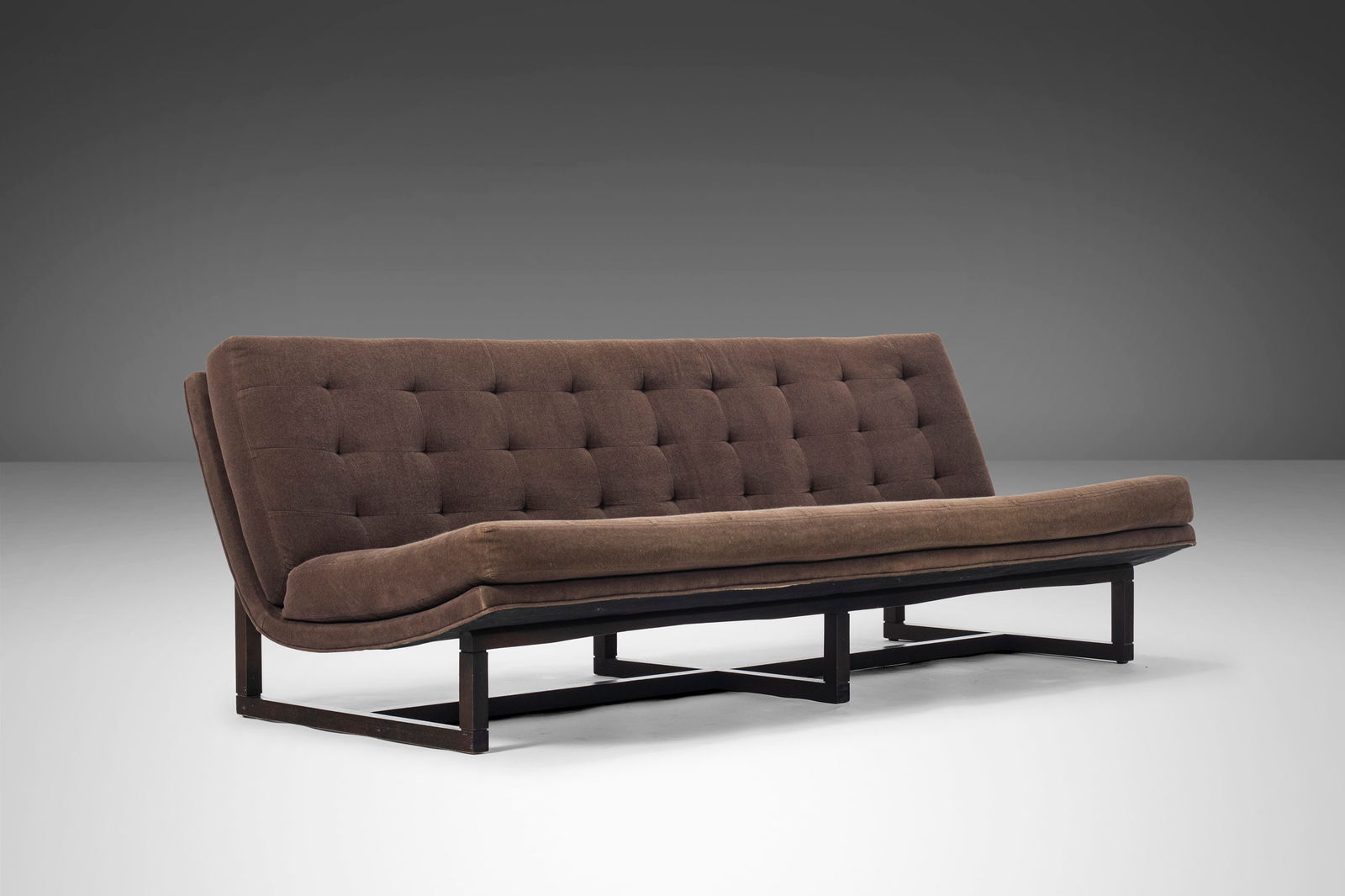 Milo Baughman 1970s Three Seat Scoop Sofa in Mocha Suede on Walnut Frame: Milo Baughman 1970s Three Seat Scoop Sofa in Mocha Suede on Walnut Frame Introducing the Milo Baughman Three Seat Scoop Sofa, a stunning piece from the 1970s that beautifully combines style and comfor