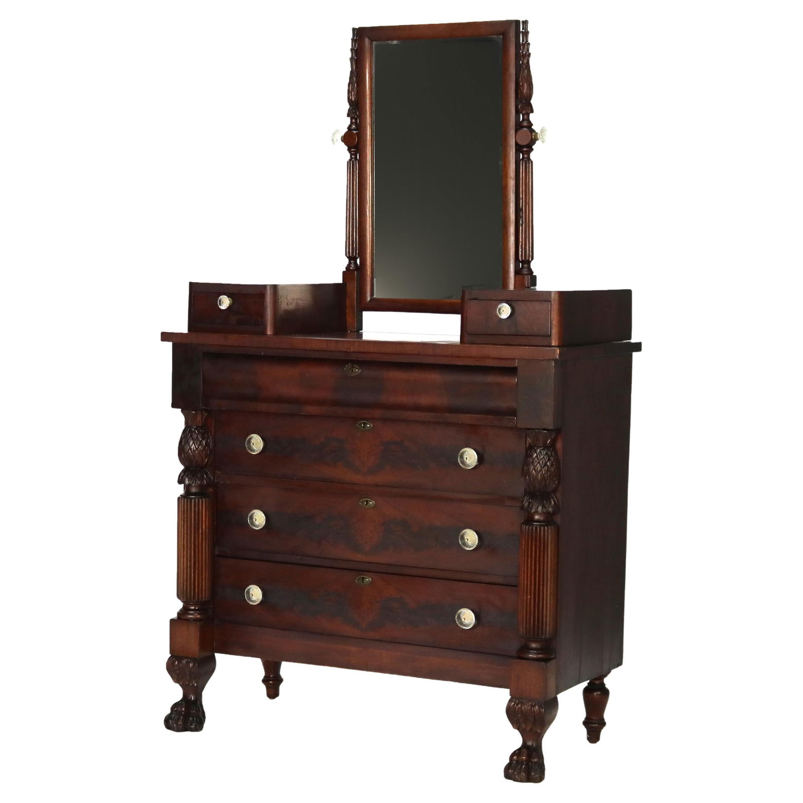 C1890 Antique Neoclassical Flame Mahogany Dresser with Claw Feet: C1890 Antique Neoclassical Flame Mahogany Dresser with Claw Feet This exquisite Antique Empire Neoclassical dresser, crafted circa 1890, exemplifies the elegance of the 19th century with its stunning