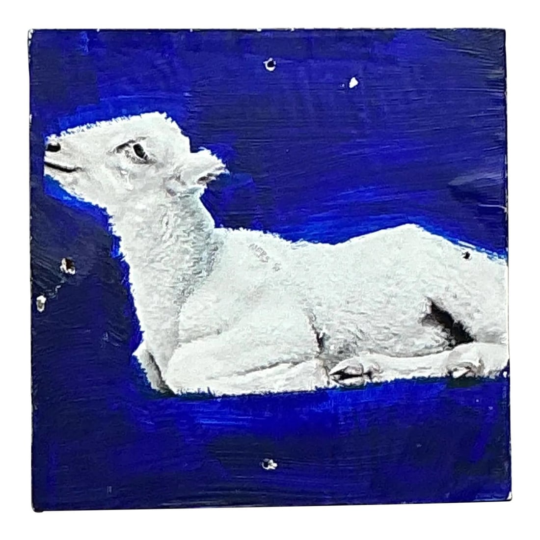 Vintage Boho Original Lamb Painting on Board with Blue Background: Vintage Boho Original Lamb Painting on Board with Blue Background Enhance your home with this Vintage Boho Original Lamb Painting, a charming artwork expertly painted on board. This piece showcases a