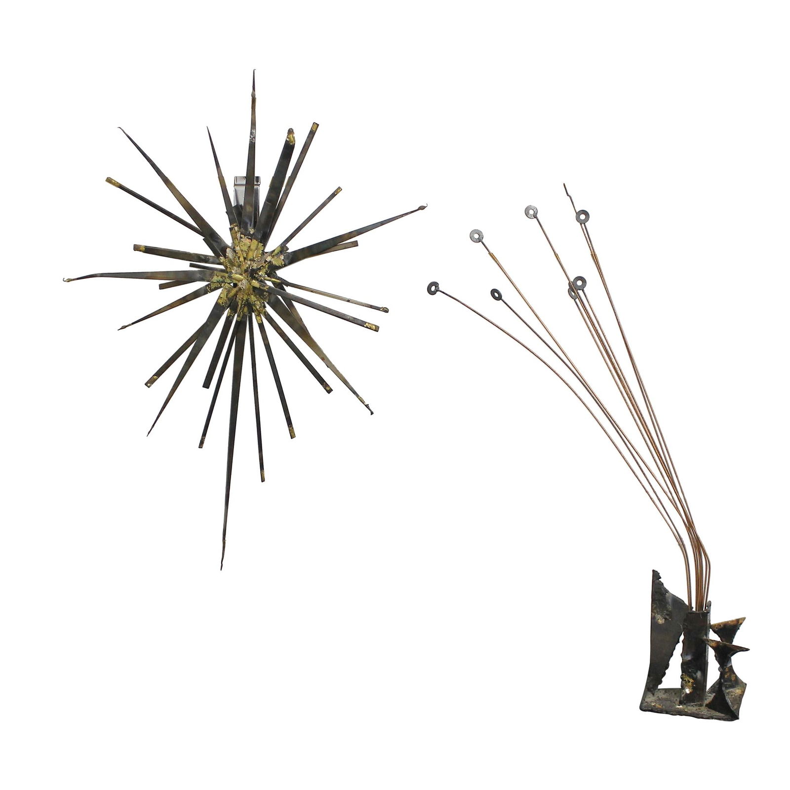 Mid Century Modern 2 Piece Brutalist Sculpture by Paul Evans: Mid Century Modern 2 Piece Brutalist Sculpture by Paul Evans This striking Mid Century Modern 2 Piece Brutalist Sculpture, reminiscent of the work of Paul Evans, showcases exquisite craftsmanship with