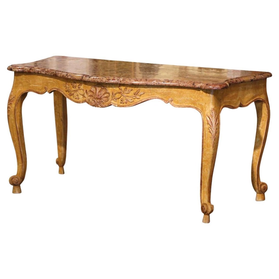 19th Century Louis XV Console Table with Breche d'Alep Marble Top: 19th Century Louis XV Console Table with Breche d'Alep Marble Top This exquisite antique console table embodies the elegance of 19th Century French design. Crafted in Provence around 1880, it features
