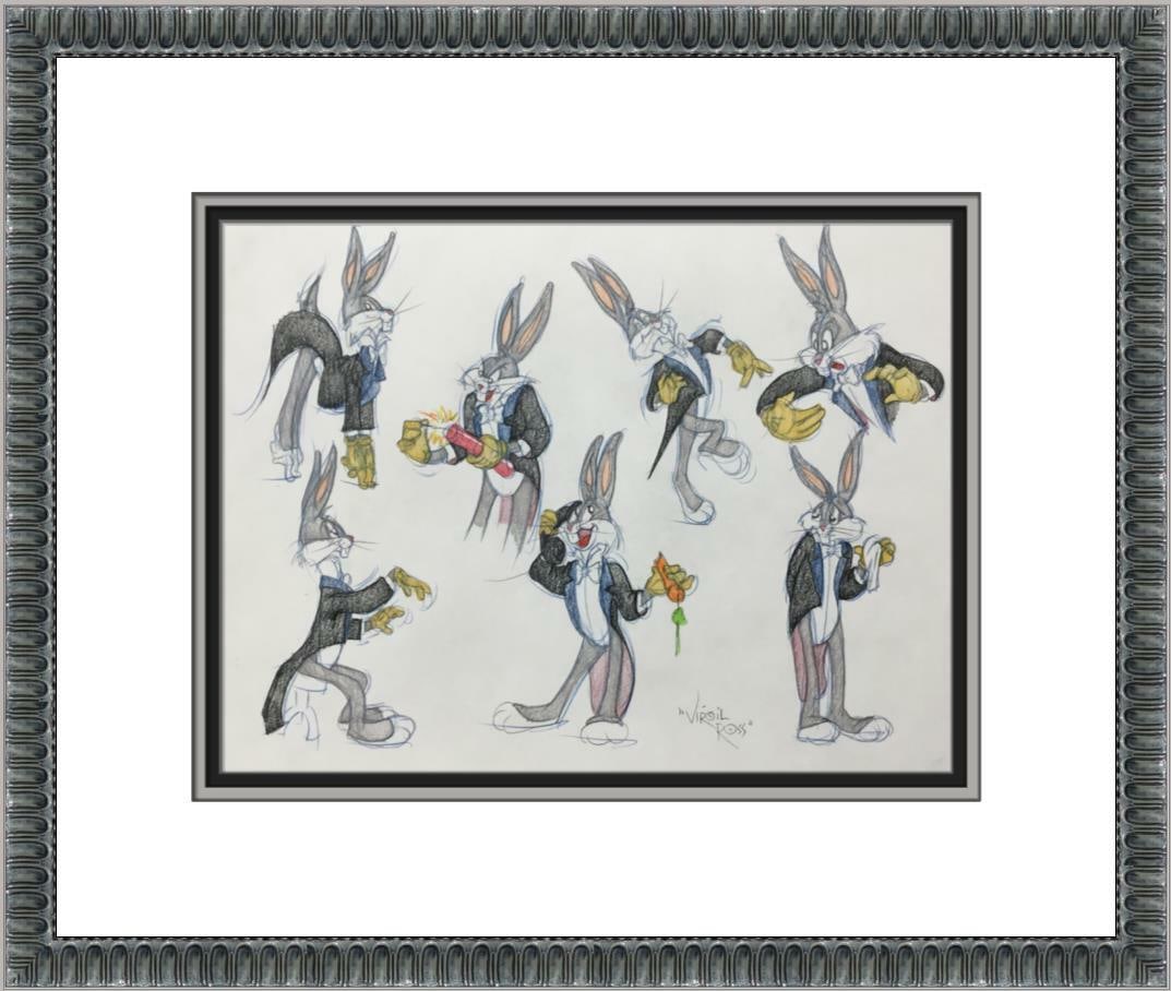 Virgil Ross Signed Bugs Bunny Model Sheet Custom Framed Warner Bros Animation Art: Virgil Ross Signed Bugs Bunny Model Sheet Custom Framed Warner Bros Animation Art This original model sheet drawing features the iconic character Bugs Bunny, illustrated by legendary animator Virgil R