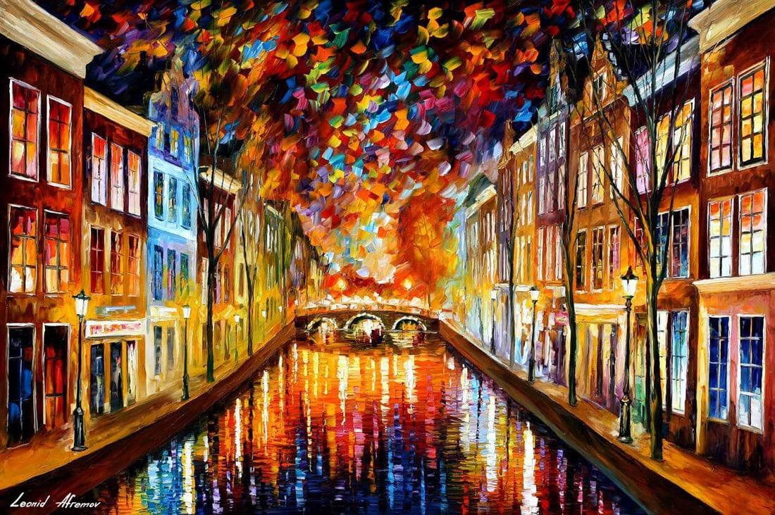 Colorful Night Amsterdam by Leonid Afremov Limited Edition 1/25 Canvas Art: Colorful Night Amsterdam by Leonid Afremov Limited Edition 1/25 Canvas Art Experience the vibrant beauty of "Colorful Night Amsterdam," a limited edition giclee hand-painted by renowned artist Leonid