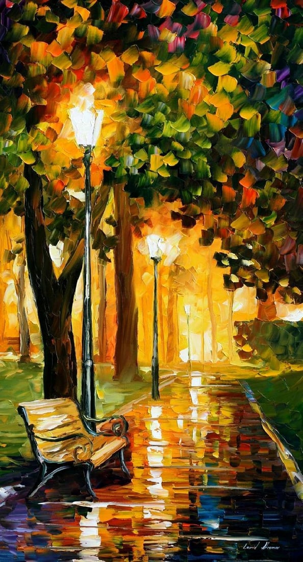 Park Lights Limited Edition Giclee 1/25 by Leonid Afremov: Park Lights Limited Edition Giclee 1/25 by Leonid Afremov Experience the captivating beauty of "Park Lights," a limited edition giclee hand-painted by renowned artist Leonid Afremov. This exquisite pi