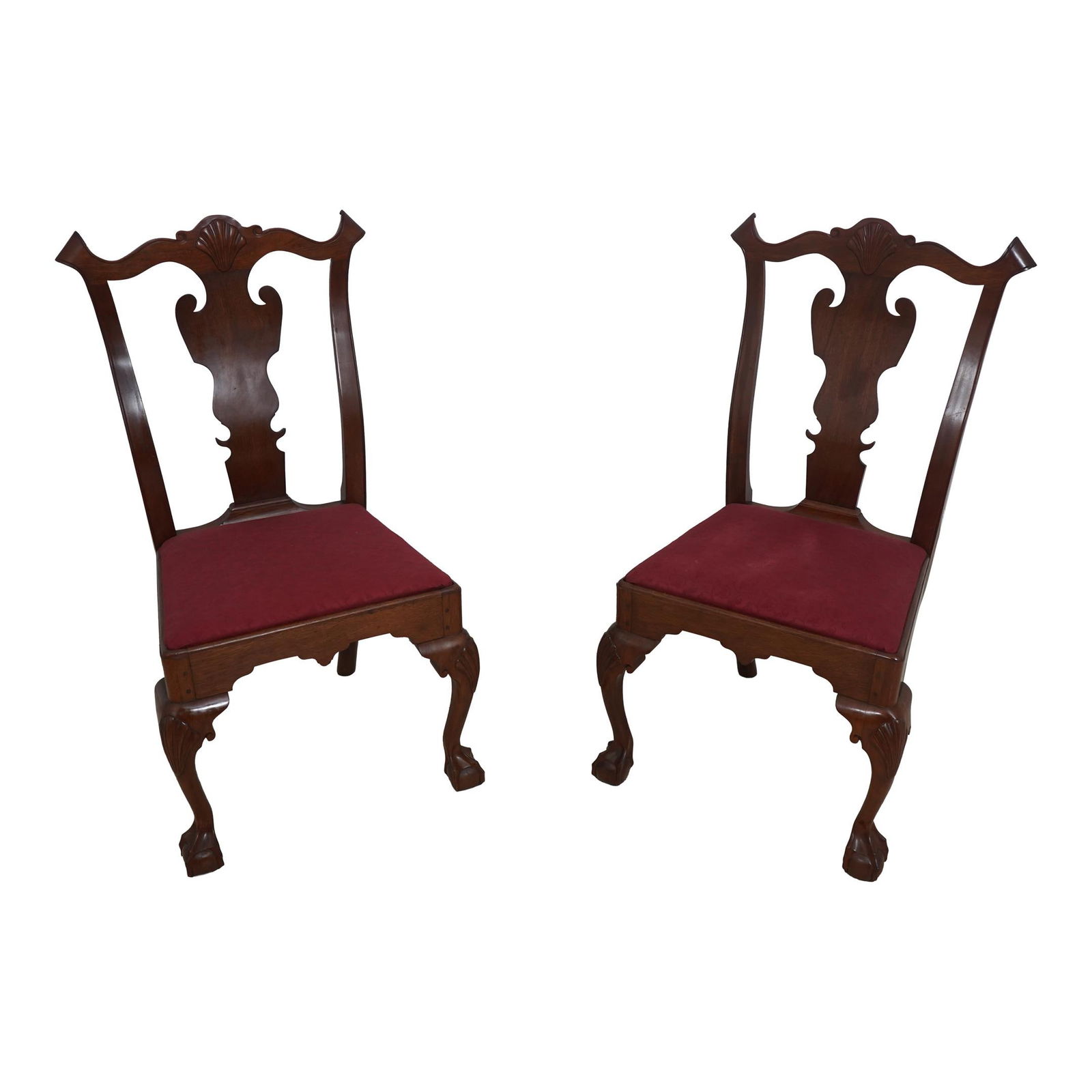 Elegant Pair of Chippendale Mahogany Side Chairs with Ball & Claw Feet: Elegant Pair of Chippendale Mahogany Side Chairs with Ball & Claw Feet This exquisite pair of Chippendale side chairs showcases the elegance of 18th-century design with their beautifully crafted mahog