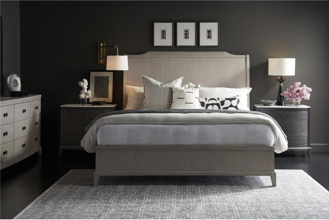 Universal King Silva Bed in Rolling Fog Finish: Universal King Silva Bed in Rolling Fog Finish Transform your bedroom into a serene retreat with the Elegant Silva Bed in a soothing Rolling Fog finish. This king-sized bed combines modern design with