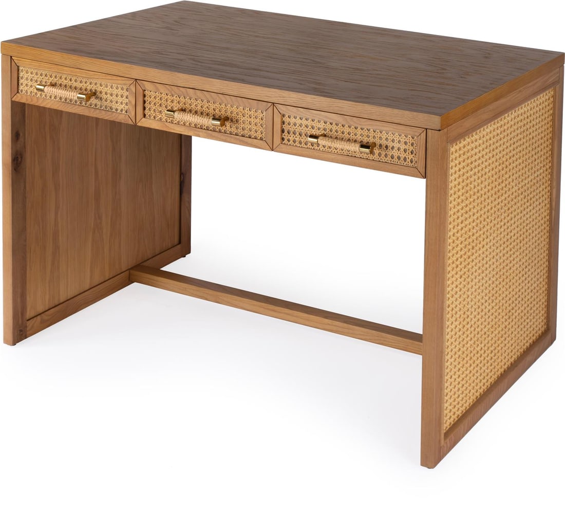 Contemporary Mesa Writing Desk by Butler 30H x 48W x 26D Beige Blue Finish: Contemporary Mesa Writing Desk by Butler 30H x 48W x 26D Beige Blue Finish Elevate your workspace with the Sleek Modern Mesa Writing Desk by Butler. This contemporary desk features a stunning beige bl