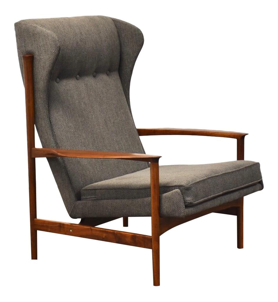 Ib Kofod Larsen Danish Modern Lounge Chair Walnut Frame Grey Fabric: Ib Kofod Larsen Danish Modern Lounge Chair Walnut Frame Grey Fabric Experience the elegance of mid-century design with this Danish Modern lounge chair, expertly crafted by Ib Kofod Larsen for Selig. F