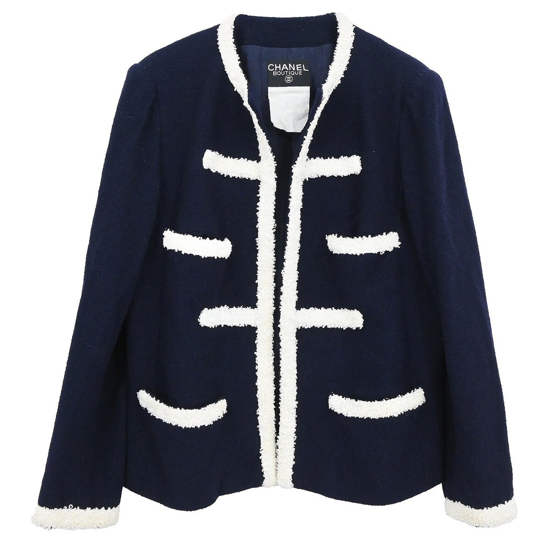 Chanel Vintage Collarless Jacket Navy Blue Size 44: Chanel Vintage Collarless Jacket Navy Blue Size 44 This stunning Chanel collarless jacket in navy is a vintage piece perfect for casual occasions. It features a short length and long sleeves, designed