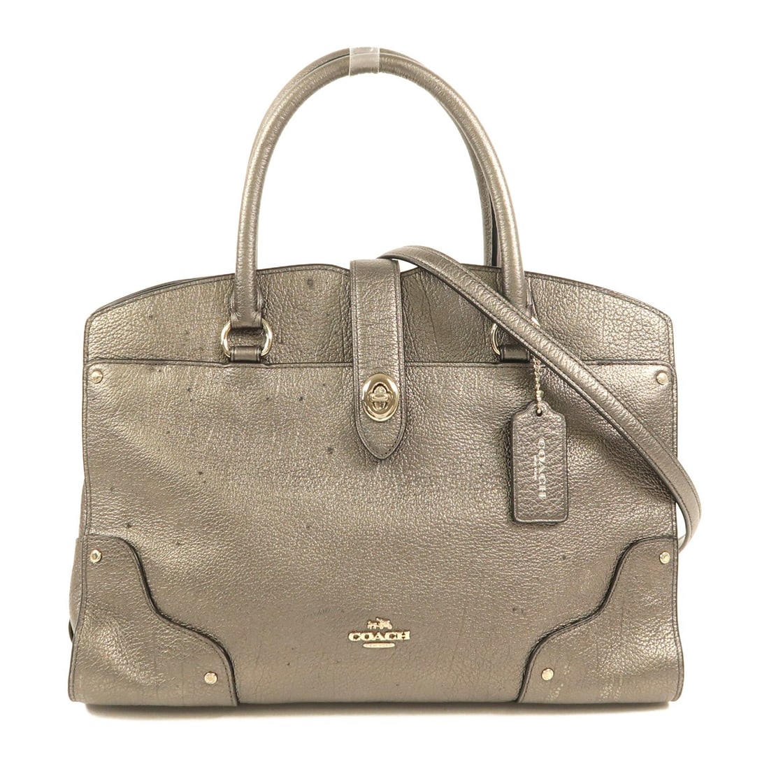 COACH Mercer 30 2 Way Satchel Metallic Grey Calfskin Leather: COACH Mercer 30 2 Way Satchel Metallic Grey Calfskin Leather This exquisite COACH Mercer Satchel 30 is crafted from high-quality calfskin leather in a stunning metallic grey finish. The versatile 2-wa