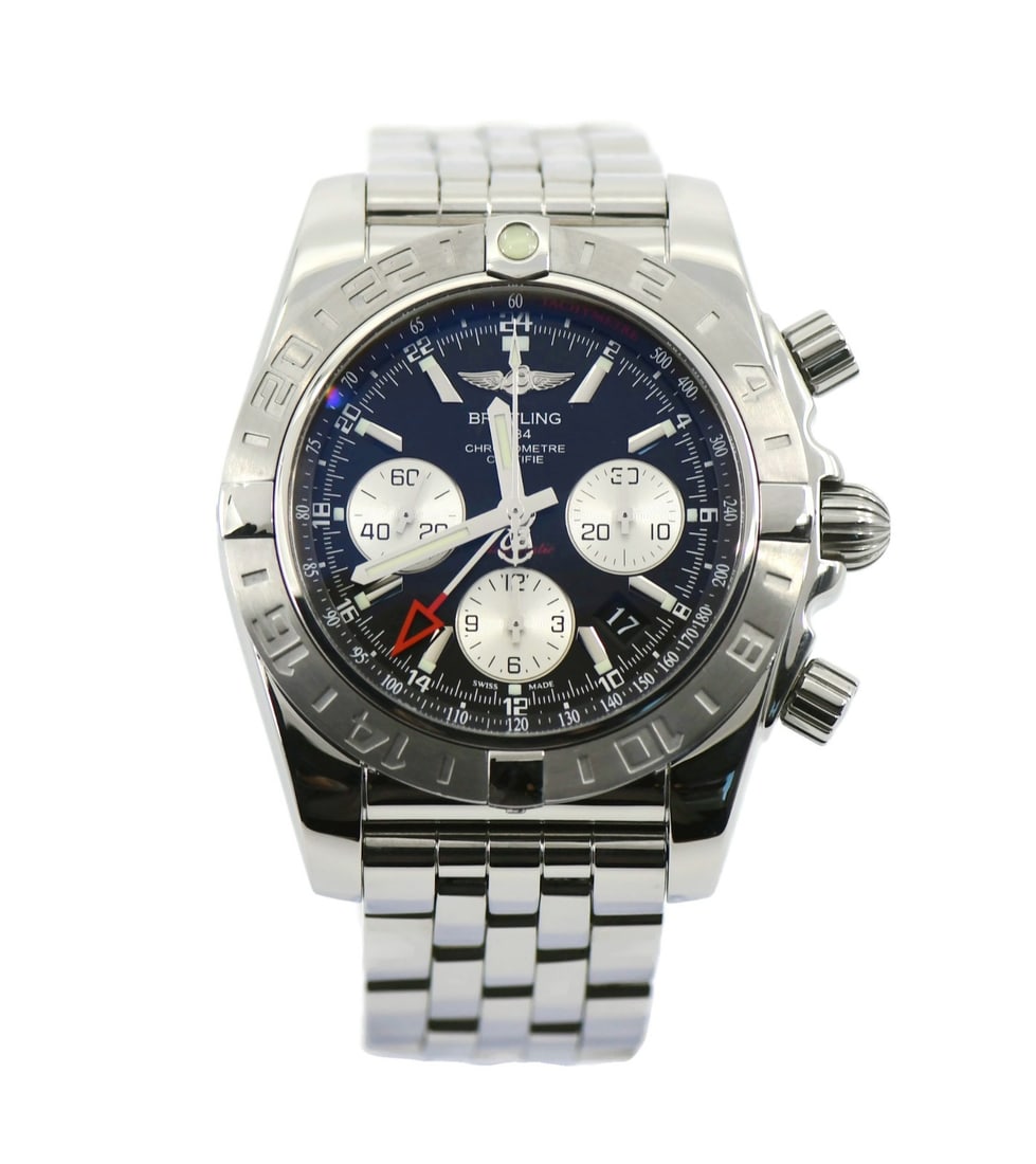 Breitling Chronomat GMT Automatic Stainless Steel Watch AB0420 with Box and Papers: Breitling Chronomat GMT Automatic Stainless Steel Watch AB0420 with Box and Papers This Breitling Chronomat GMT wristwatch combines elegance and functionality, featuring a robust stainless steel case