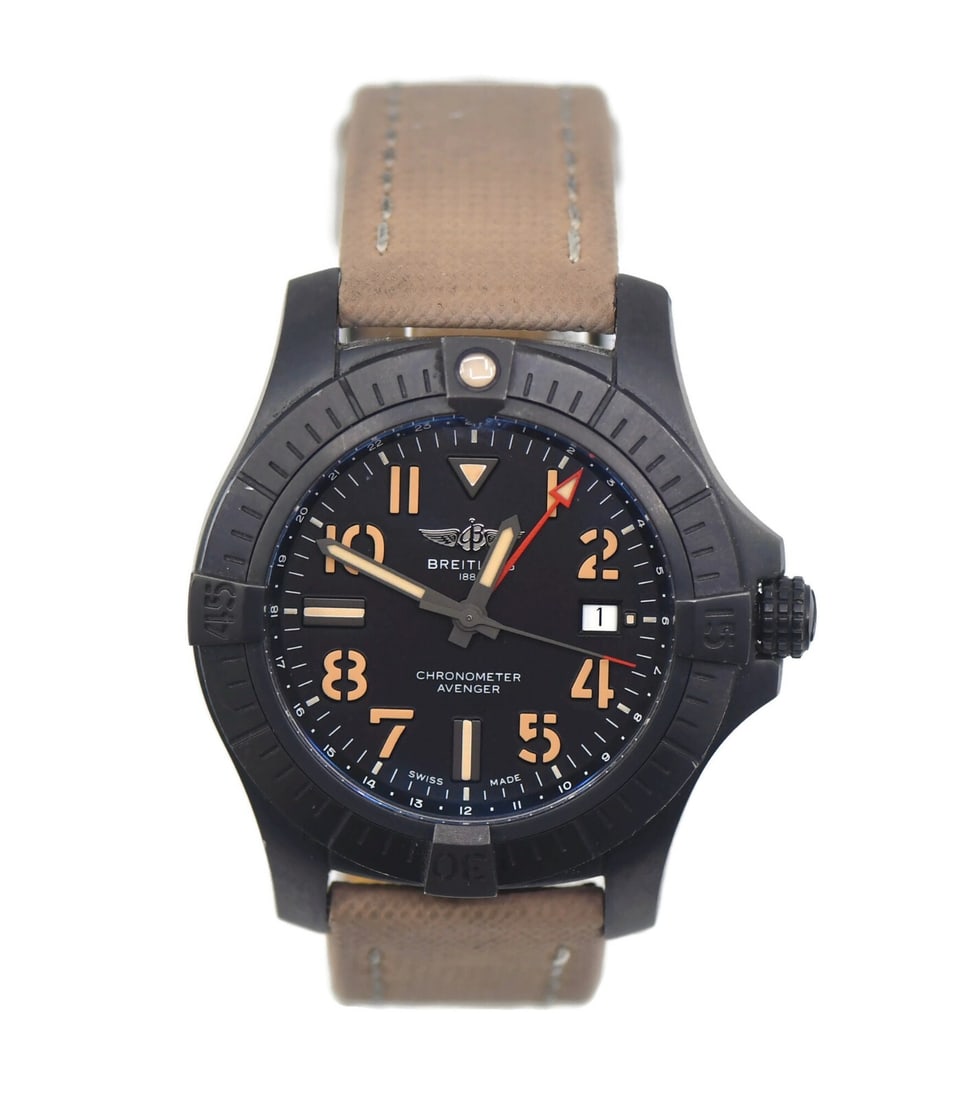 Breitling Avenger Night Mission Titanium Watch V32395 45mm with Box and Papers: Breitling Avenger Night Mission Titanium Watch V32395 45mm with Box and Papers The Breitling Avenger Night Mission Titanium Watch V32395 is a striking wristwatch designed for durability and style. Wit