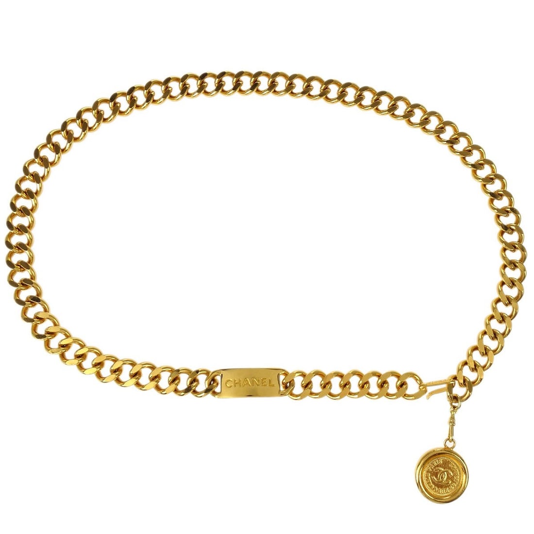 Chanel Gold-Plated Medallion Chain Belt Luxury Accessory: Chanel Gold-Plated Medallion Chain Belt Luxury Accessory This exquisite Chanel chain belt features a stunning gold-plated finish, elevating any outfit with its luxurious appeal. Designed to be worn at