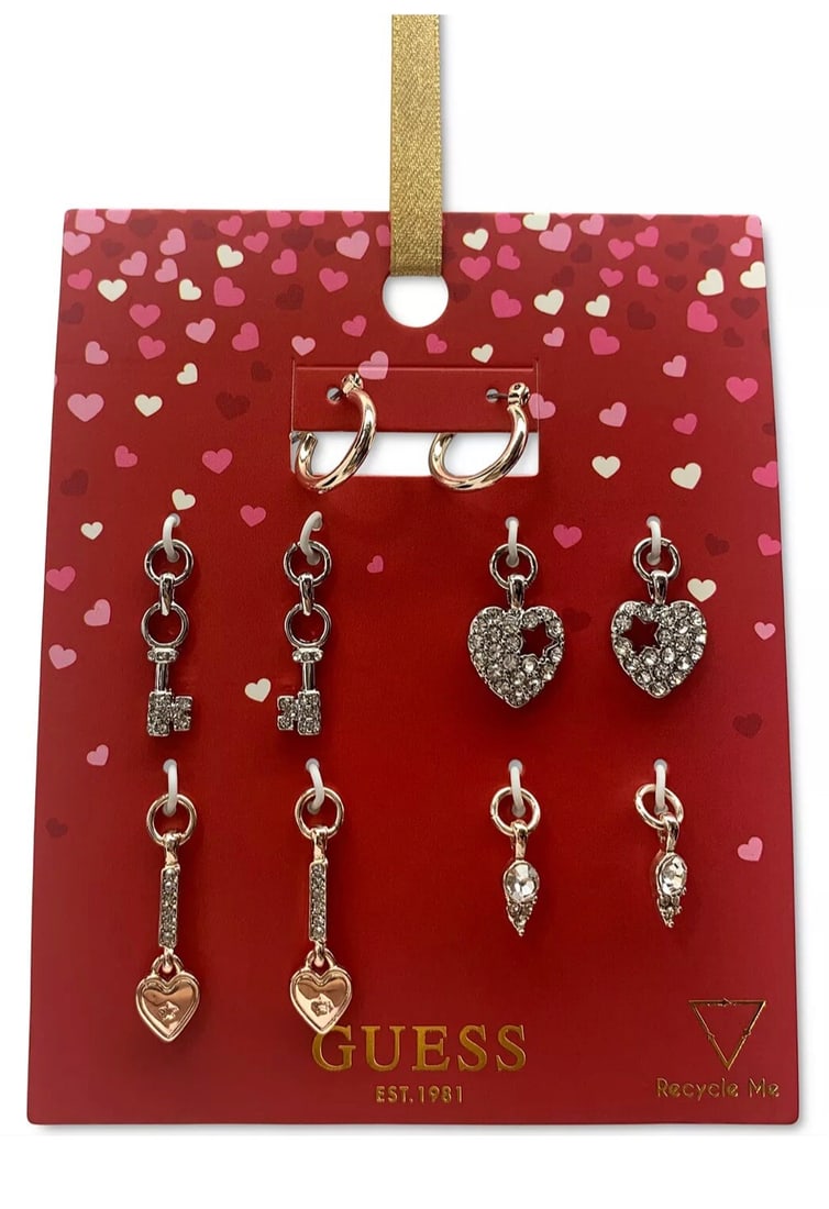 GUESS Two Tone 5pc Interchangeable Charm Hoop Earrings Set: GUESS Two Tone 5pc Interchangeable Charm Hoop Earrings Set Elevate your accessory game with this GUESS Two Tone 5-piece Jewelry Set, featuring interchangeable charm and hoop earrings. Crafted from a b