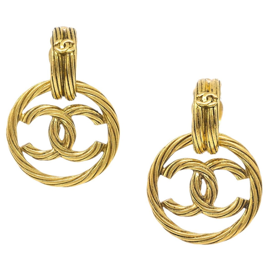 Chanel Gold-tone Clip-On Dangle Hoop Earrings 2917/93P: Chanel Gold-tone Clip-On Dangle Hoop Earrings 2917/93P Elevate your accessory game with these exquisite Chanel Dangle Hoop Earrings. Designed in a classic hoop shape, these earrings feature a stylish