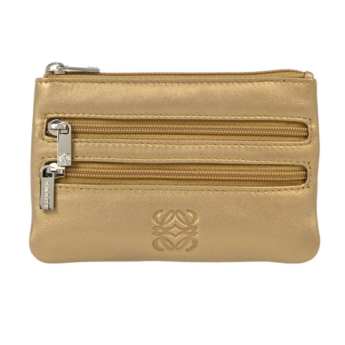 Loewe Amazona 36 Gold Leather Mini Pouch Clutch Bag: Loewe Amazona 36 Gold Leather Mini Pouch Clutch Bag This exquisite Loewe Gold Leather Mini Pouch Clutch Bag is a stylish accessory that combines functionality with luxury. The bag features a zip closu