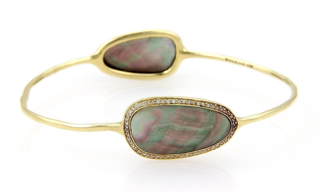 Ippolita Pebble 18k Yellow Gold Bangle with Diamonds and Abalone Shell: Ippolita Pebble 18k Yellow Gold Bangle with Diamonds and Abalone Shell Elevate your jewelry collection with this exquisite Ippolita Pebble Bangle. Crafted in solid 18k yellow gold, this stunning piece