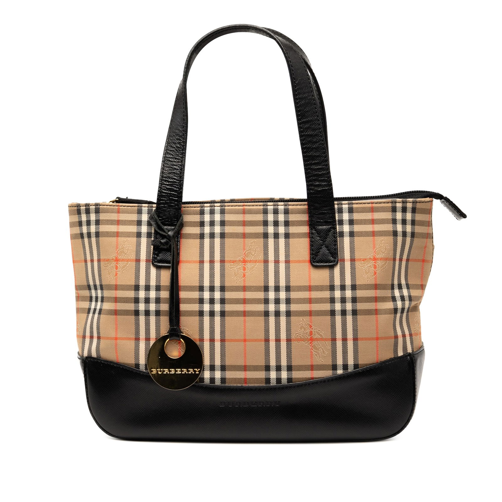 Burberry Haymarket Check Canvas Tote Bag with Leather Panel: Burberry Haymarket Check Canvas Tote Bag with Leather Panel The Burberry Haymarket Check Canvas Tote is a stylish accessory crafted with a signature house check canvas body complemented by a bottom le