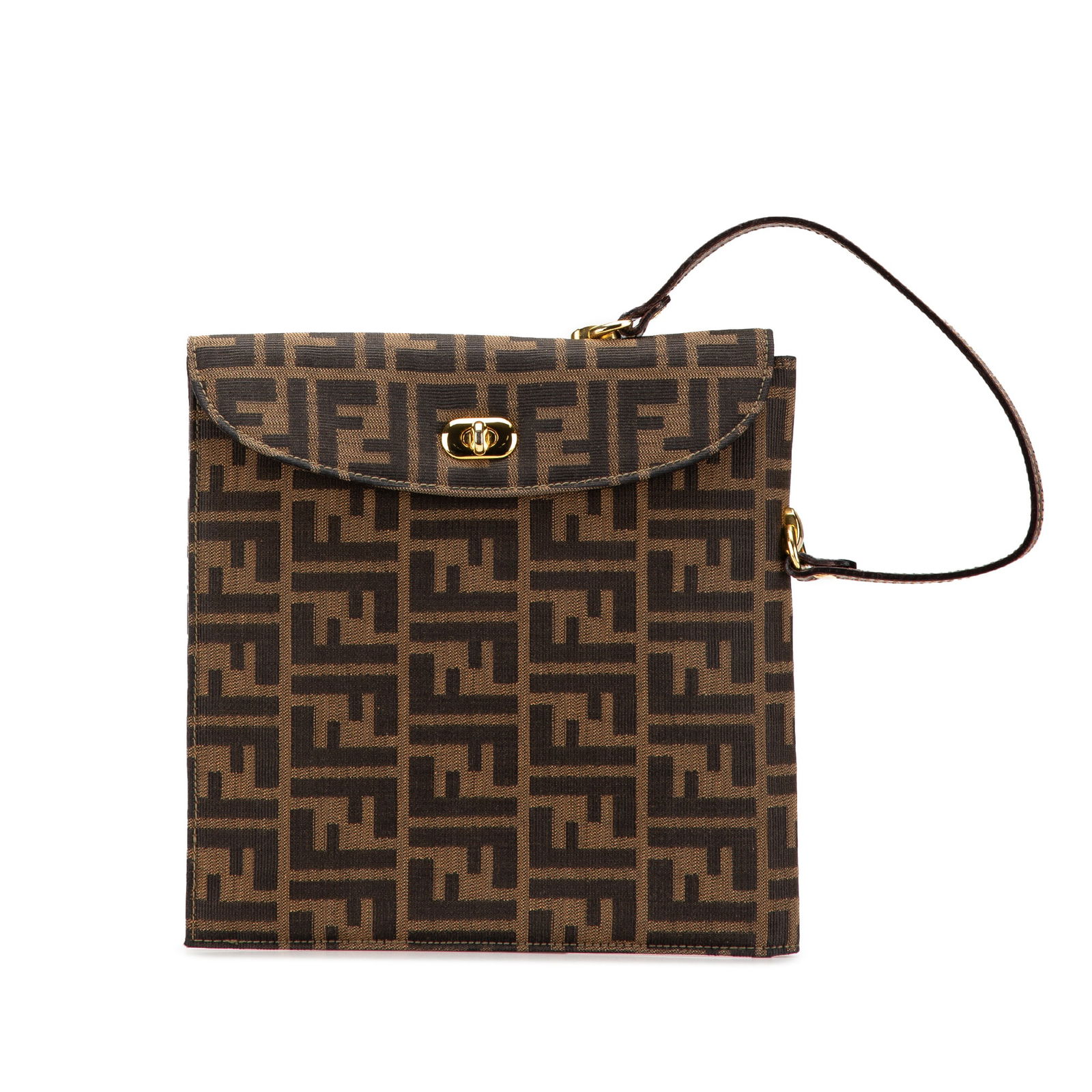Fendi Zucca Canvas Handbag Brown Fabric Italy Chic Design: Fendi Zucca Canvas Handbag Brown Fabric Italy Chic Design Discover the stylish Fendi Zucca Canvas Handbag, showcasing a chic canvas body complemented by a flat leather strap. This elegant bag features