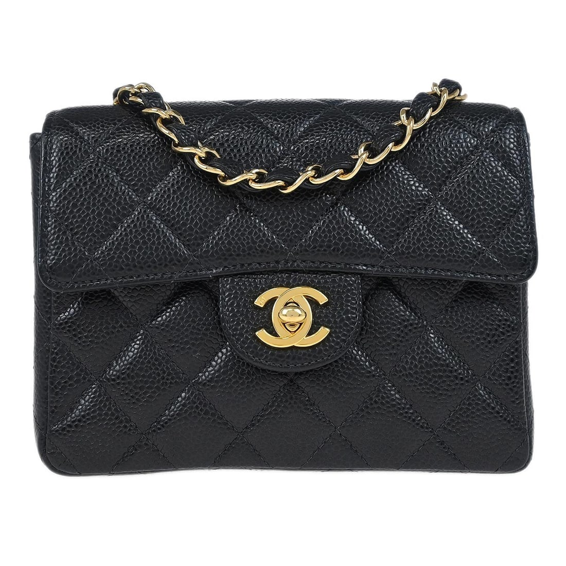 Chanel Black Caviar Mini Classic Flap Shoulder Bag 17: Chanel Black Caviar Mini Classic Flap Shoulder Bag 17 This exquisite Chanel Mini Classic Square Flap Shoulder Bag is crafted from luxurious black caviar skin leather, featuring a timeless matelasse pa