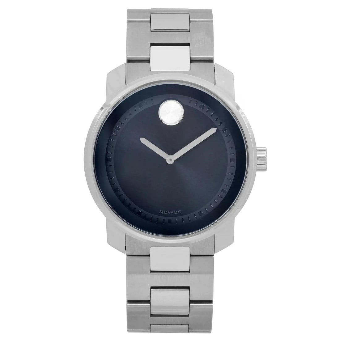 Movado Bold 42mm Stainless Steel Dark Blue Dial Quartz Watch with Box and Papers: Movado Bold 42mm Stainless Steel Dark Blue Dial Quartz Watch with Box and Papers Experience the elegance of the Movado Bold watch, featuring a sophisticated 42mm round stainless steel case with a poli