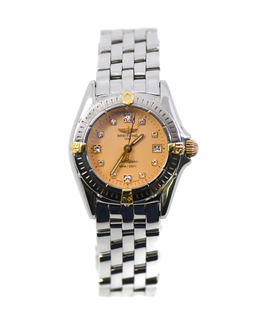 Breitling Callistino Diamond Two Tone Watch B52345 with Box: Breitling Callistino Diamond Two Tone Watch B52345 with Box This elegant Breitling Callistino Diamond Two Tone Stainless Steel Watch features a stunning 28 mm stainless steel case and an analog displa