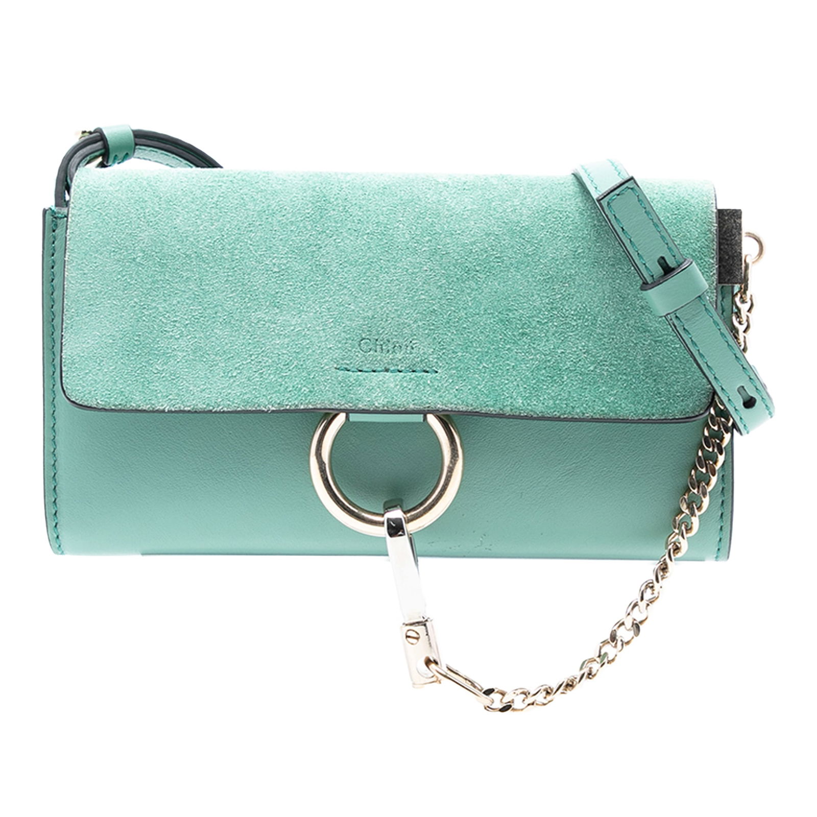 Chloe Small Faye Crossbody Bag in Green Suede and Calfskin: Chloe Small Faye Crossbody Bag in Green Suede and Calfskin Elevate your ensemble with the Chloe Small Suede and Calfskin Faye Crossbody, a chic accessory that combines style and functionality. This st
