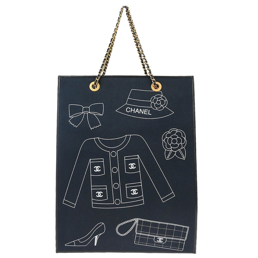 Chanel Navy Canvas Icon Tote Bag Double Handle Casual: Chanel Navy Canvas Icon Tote Bag Double Handle Casual Introducing the Chanel Navy Canvas Icon Chain Tote Handbag, a stylish accessory perfect for casual occasions. This medium-sized tote features a sl