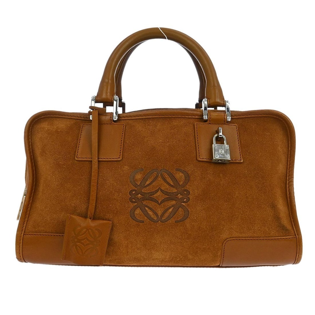 Loewe Amazona 28 Brown Suede Handbag with Double Handles: Loewe Amazona 28 Brown Suede Handbag with Double Handles Elevate your accessory collection with the Loewe Amazona 28 Handbag, crafted from luxurious brown suede leather. This medium-sized top handle b