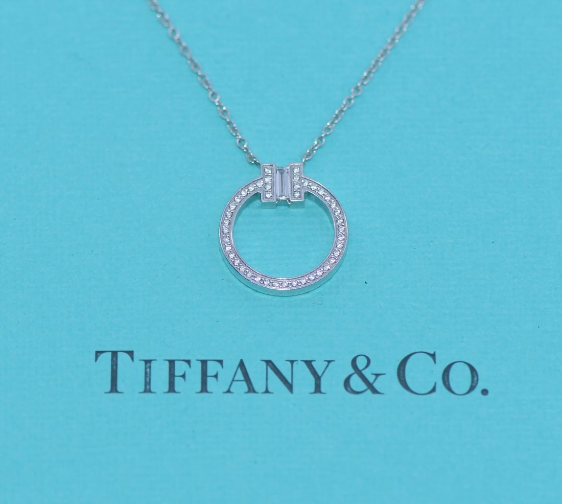 Tiffany & Co T Diamond Pendant Necklace 18K White Gold 18" Authentic (1 of 5)