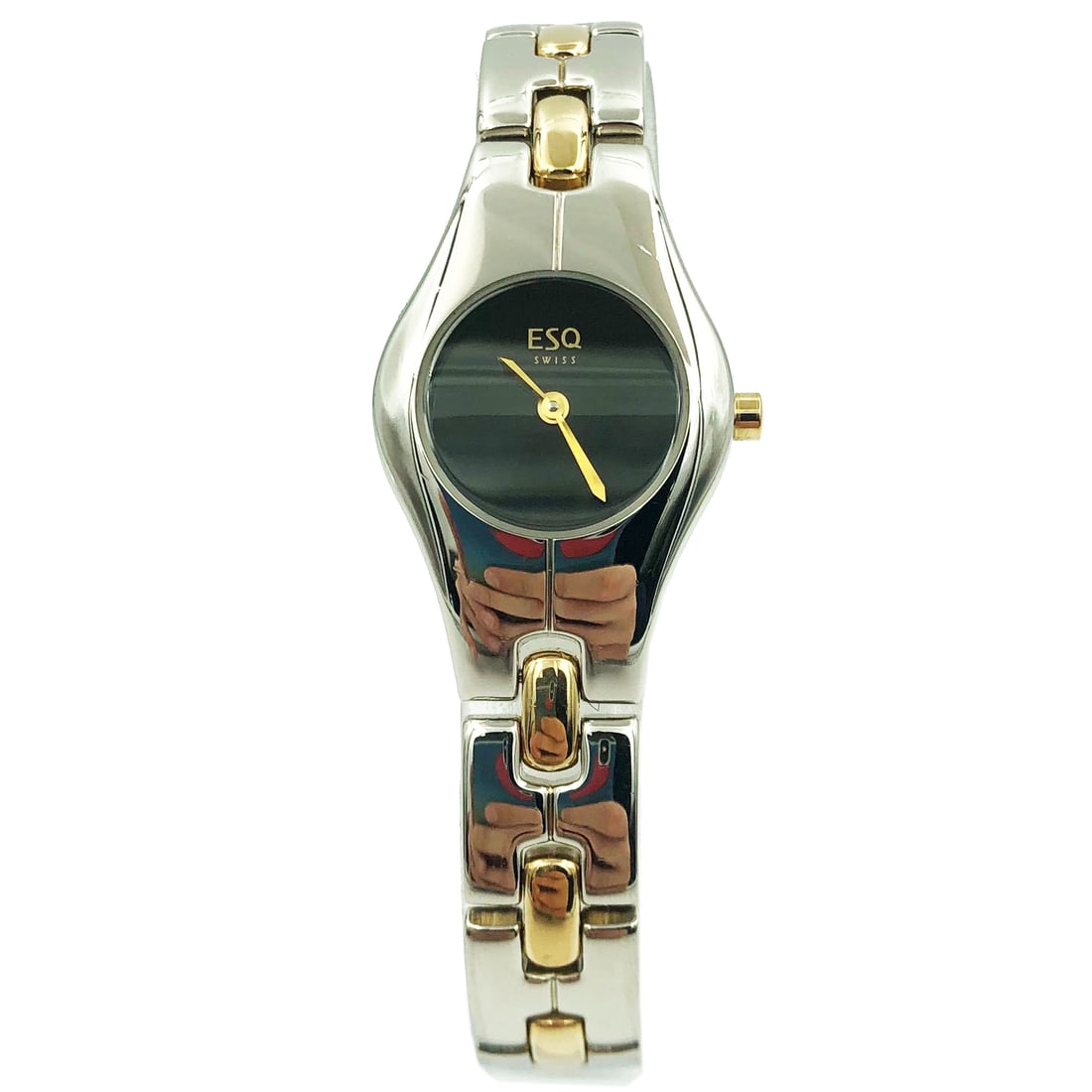 ESQ Movado Tonneau Two-Tone Quartz Ladies Watch Black Dial 07100710: ESQ Movado Tonneau Two-Tone Quartz Ladies Watch Black Dial 07100710 Introducing the ESQ Movado Tonneau Ladies Watch, a sophisticated blend of style and functionality. This elegant wristwatch features