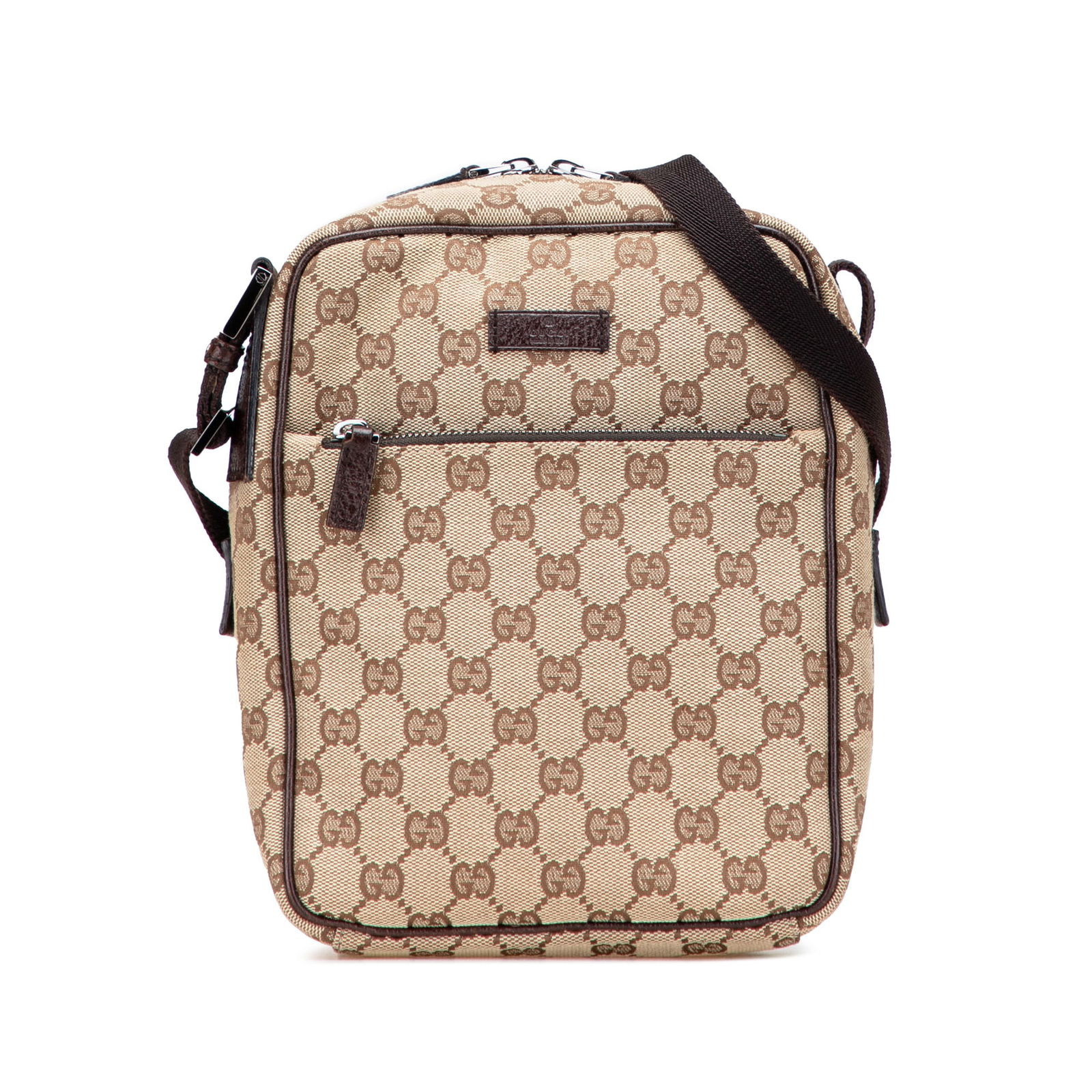 Gucci GG Canvas Crossbody Bag in Brown with Leather Trim: Gucci GG Canvas Crossbody Bag in Brown with Leather Trim The Gucci GG Canvas Crossbody bag showcases a stylish canvas body complemented by leather trim. It features a flat leather strap for comfortabl