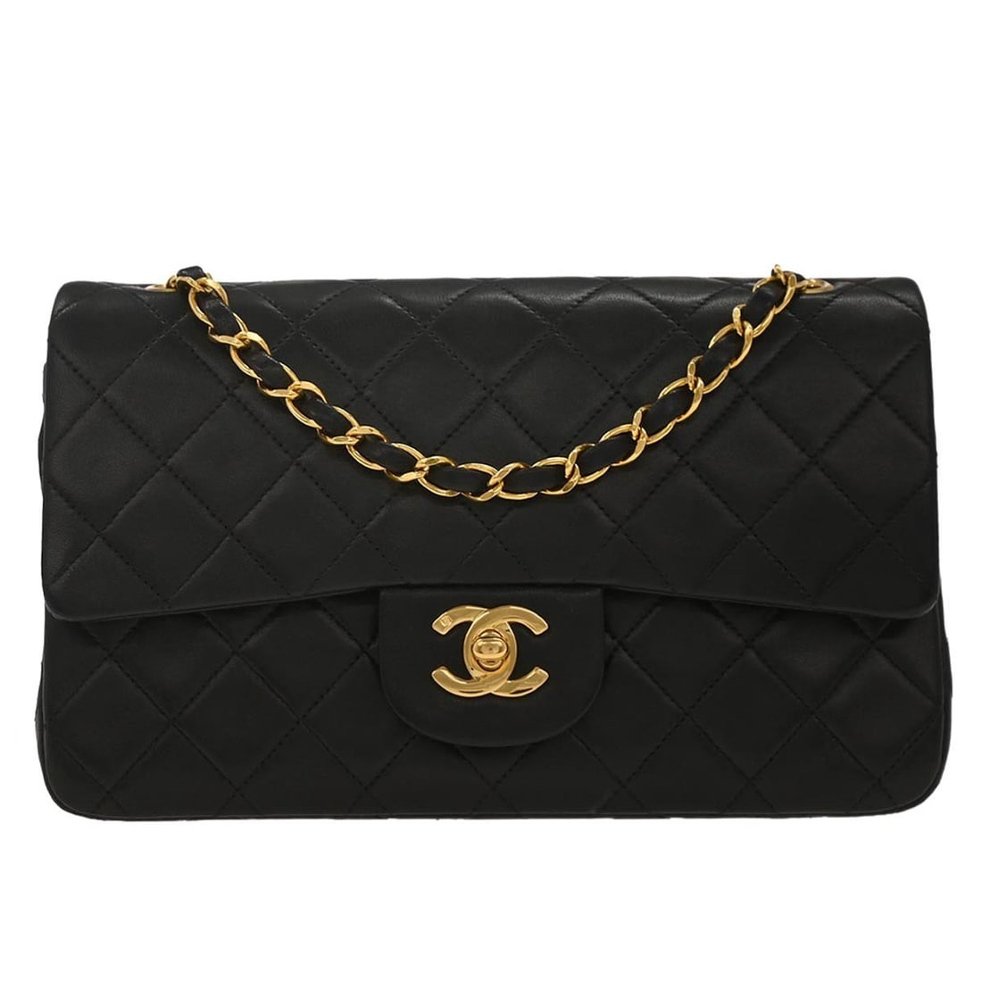 Chanel Black Lambskin Classic Double Flap Shoulder Bag: Chanel Black Lambskin Classic Double Flap Shoulder Bag Introducing the Chanel Black Lambskin Small Classic Double Flap Shoulder Bag, a timeless addition to any wardrobe. This exquisite shoulder bag fe