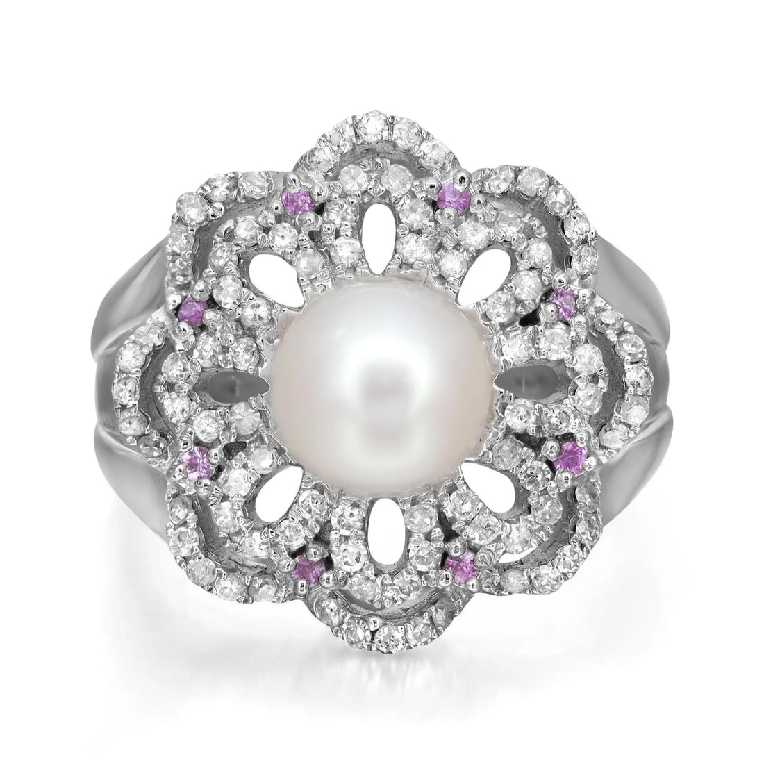 Rachel Koen 14K White Gold Diamond Pearl Pink Sapphire Cocktail Ring: Rachel Koen 14K White Gold Diamond Pearl Pink Sapphire Cocktail Ring Elevate your style with this stunning ladies cocktail ring, featuring a captivating centerpiece of a round white pearl. Surrounding