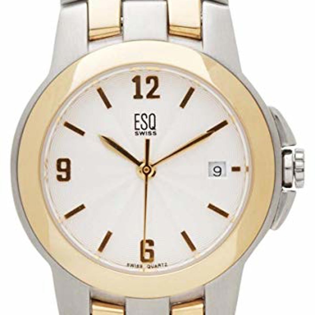 ESQ Movado Two-Tone Stainless Steel Ladies Watch Silver Dial 07100957: ESQ Movado Two-Tone Stainless Steel Ladies Watch Silver Dial 07100957 This elegant ESQ Movado wristwatch is designed for ladies who appreciate style and functionality. Featuring a striking silver guil