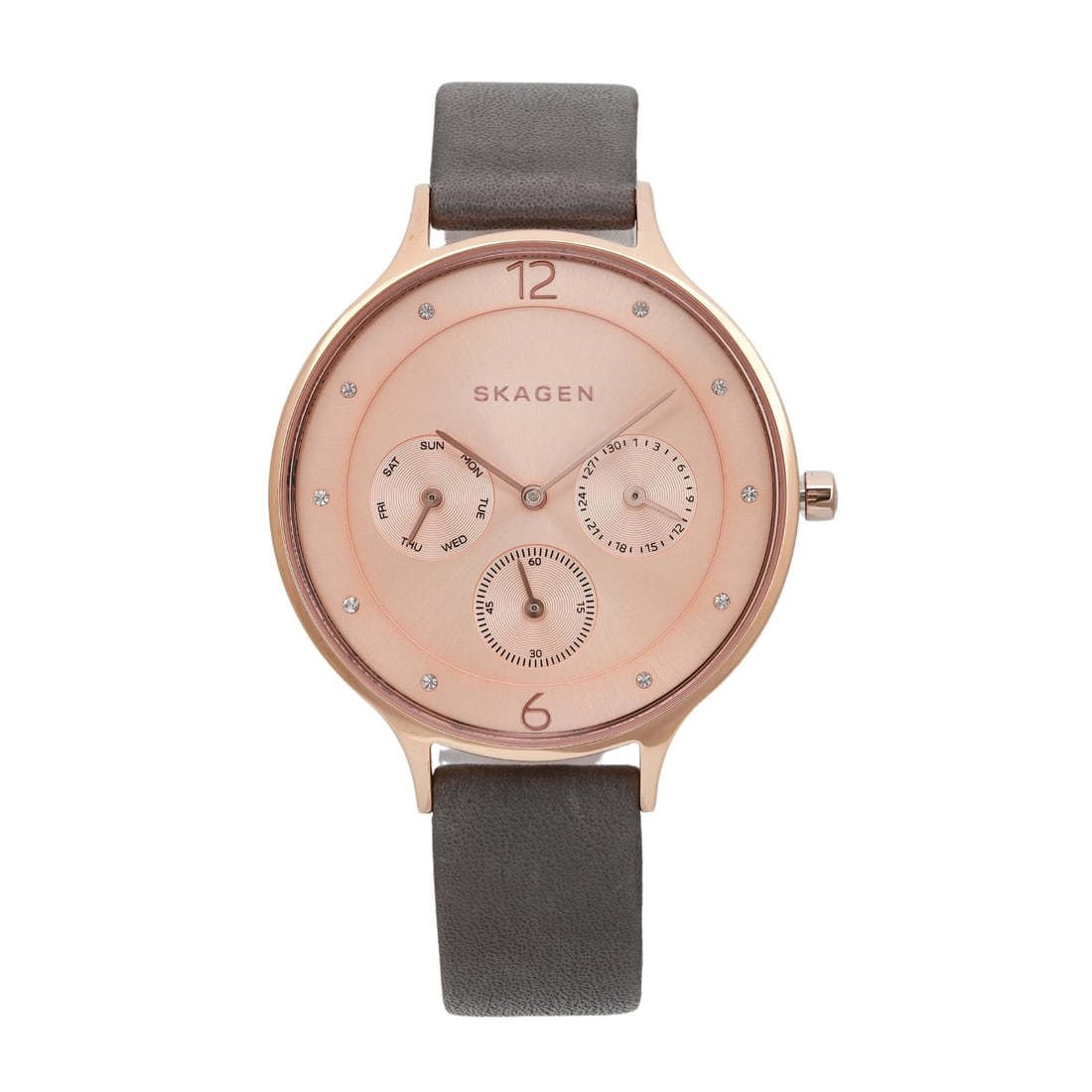 Skagen Anita 36mm Rose Gold Dial Quartz Watch SKW2392 Gray Leather Strap: Skagen Anita 36mm Rose Gold Dial Quartz Watch SKW2392 Gray Leather Strap This Skagen Anita Ladies Quartz Watch combines elegance with casual style, featuring a striking rose gold dial that enhances it